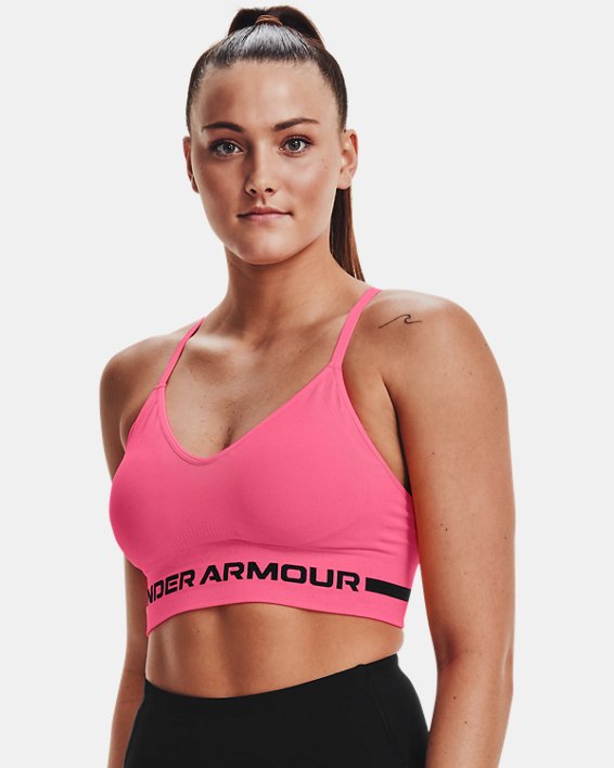 Damen UA Seamless Low Long Heather Sport-BH, Pink, pdpMainDesktop image number 2